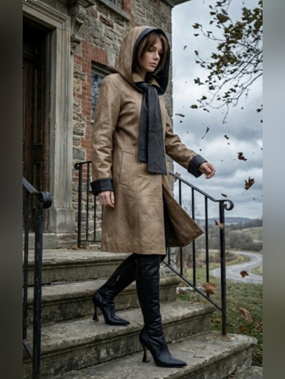 NooN Soft Faux-Leather Lined Trench Coat with Detachable Hood-Scarf / S / Tan